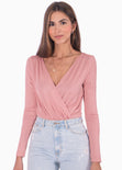 Body drapeado manga larga color rosado para mujer - Flashy