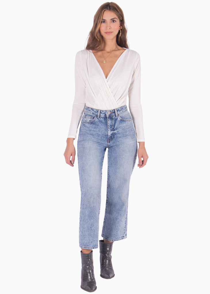 Body drapeado manga larga color blanco, marfil para mujer - Flashy