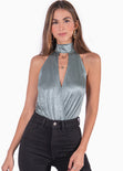 Body halter con escote cruzado en v color azul para mujer - Flashy