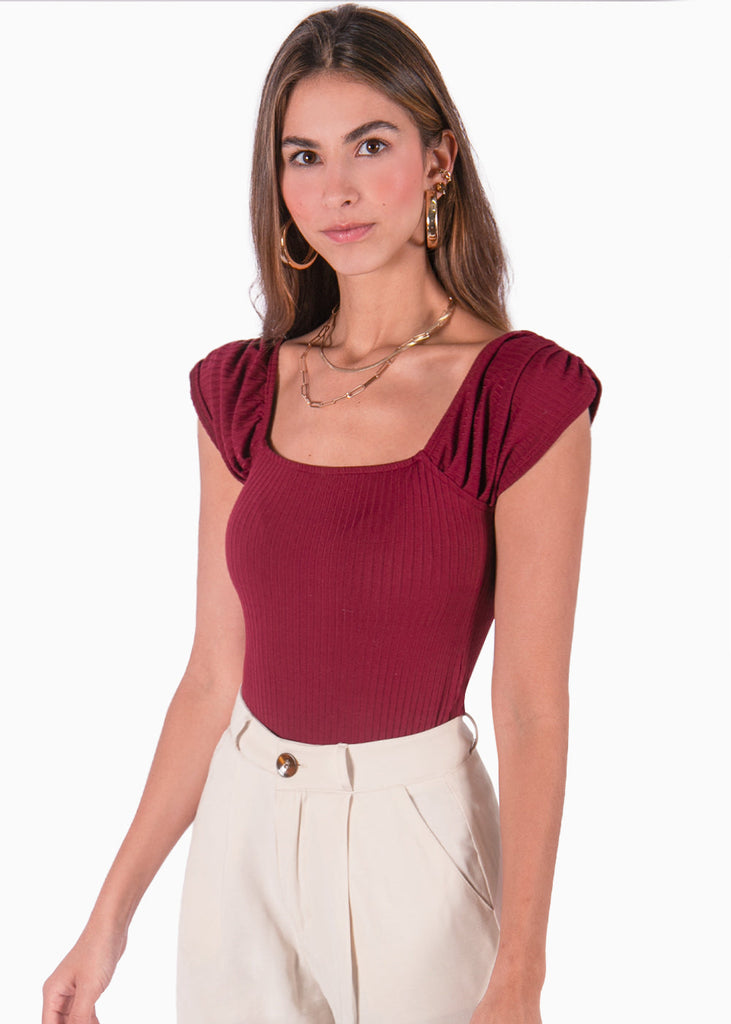 Body manga corta con escote cuadrado color vino para mujer - Flashy