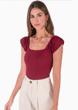 Body manga corta con escote cuadrado color vino para mujer - Flashy