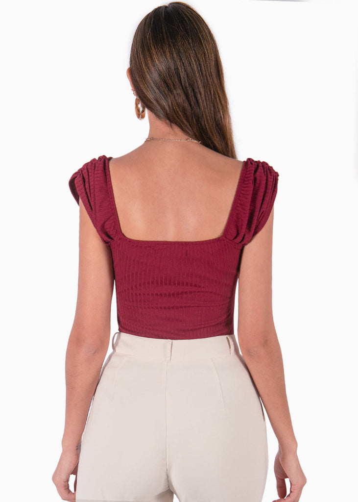 Body manga corta con escote cuadrado color vino para mujer - Flashy