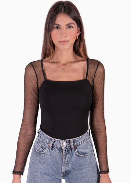 Body manga larga con escote cuadrado color negro para mujer - Flashy