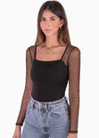 Body manga larga con escote cuadrado color negro para mujer - Flashy