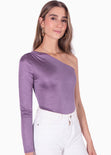 Body manga larga con escote de un solo hombro con recogido color morado para mujer - Flashy
