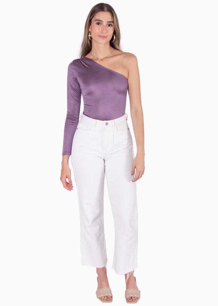 Body manga larga con escote de un solo hombro con recogido color morado para mujer - Flashy