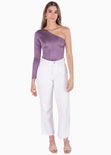 Body manga larga con escote de un solo hombro con recogido color morado para mujer - Flashy
