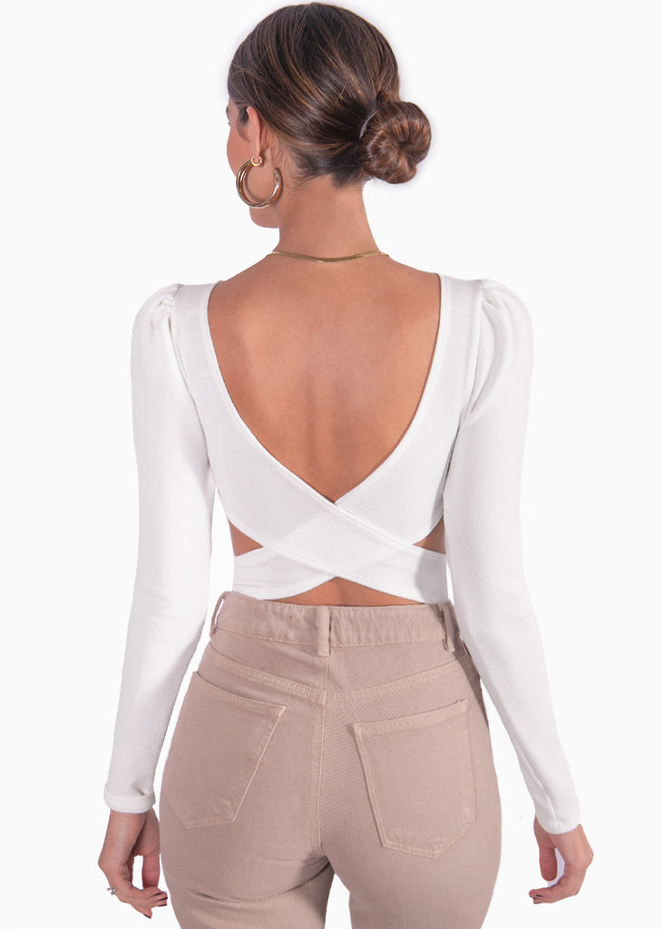 Body manga larga con espalda descubierta y cuello redondo color marfil, blanco para mujer - Flashy