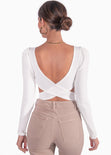 Body manga larga con espalda descubierta y cuello redondo color marfil, blanco para mujer - Flashy