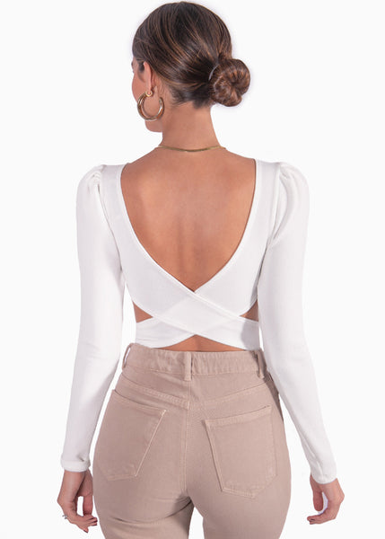 Body manga larga con espalda descubierta y cuello redondo color marfil, blanco para mujer - Flashy