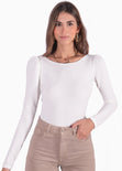 Body manga larga con espalda descubierta y cuello redondo color marfil, blanco para mujer - Flashy