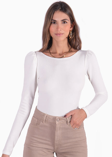 Body manga larga con espalda descubierta y cuello redondo color marfil, blanco para mujer - Flashy