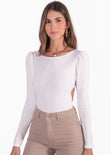 Body manga larga con espalda descubierta y cuello redondo color marfil, blanco para mujer - Flashy