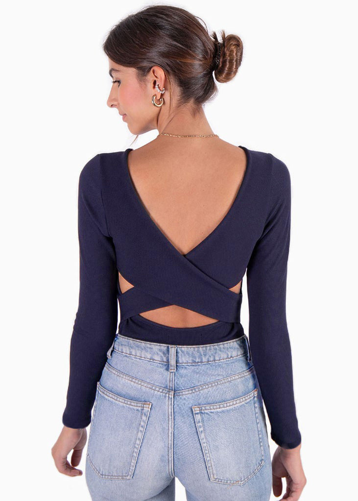 Body manga larga con perlas y espalda descubierta color azul para mujer - Flashy