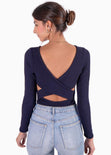 Body manga larga con perlas y espalda descubierta color azul para mujer - Flashy