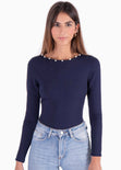 Body manga larga con perlas y espalda descubierta color azul para mujer - Flashy