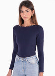 Body manga larga con perlas y espalda descubierta color azul para mujer - Flashy