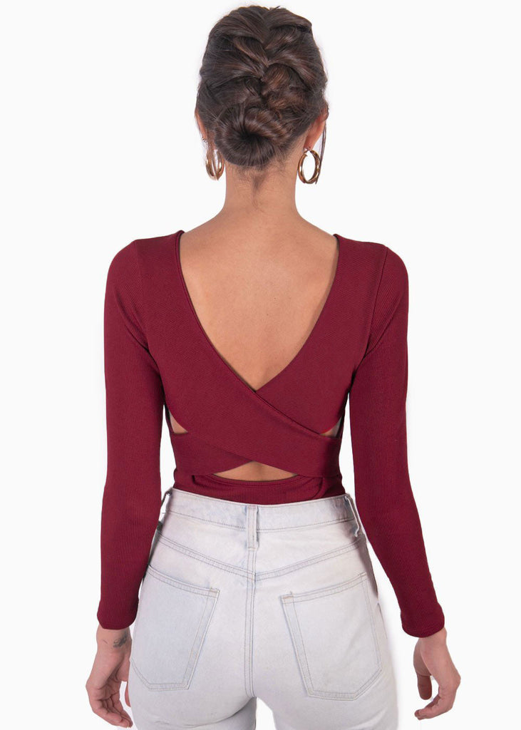 Body manga larga con perlas y espalda descubierta color vino para mujer - Flashy