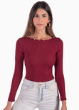 Body manga larga con perlas y espalda descubierta color vino para mujer - Flashy
