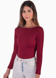 Body manga larga con perlas y espalda descubierta color vino para mujer - Flashy