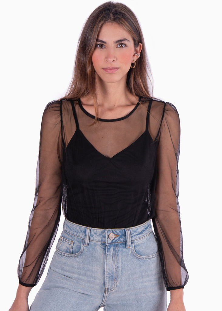 Body manga larga con transparencia color negro para mujer - Flashy