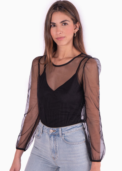 Body manga larga con transparencia color negro para mujer - Flashy