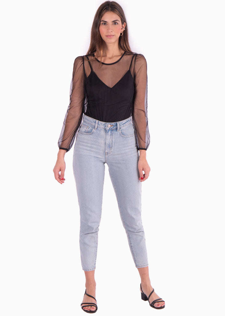 Body manga larga con transparencia color negro para mujer - Flashy