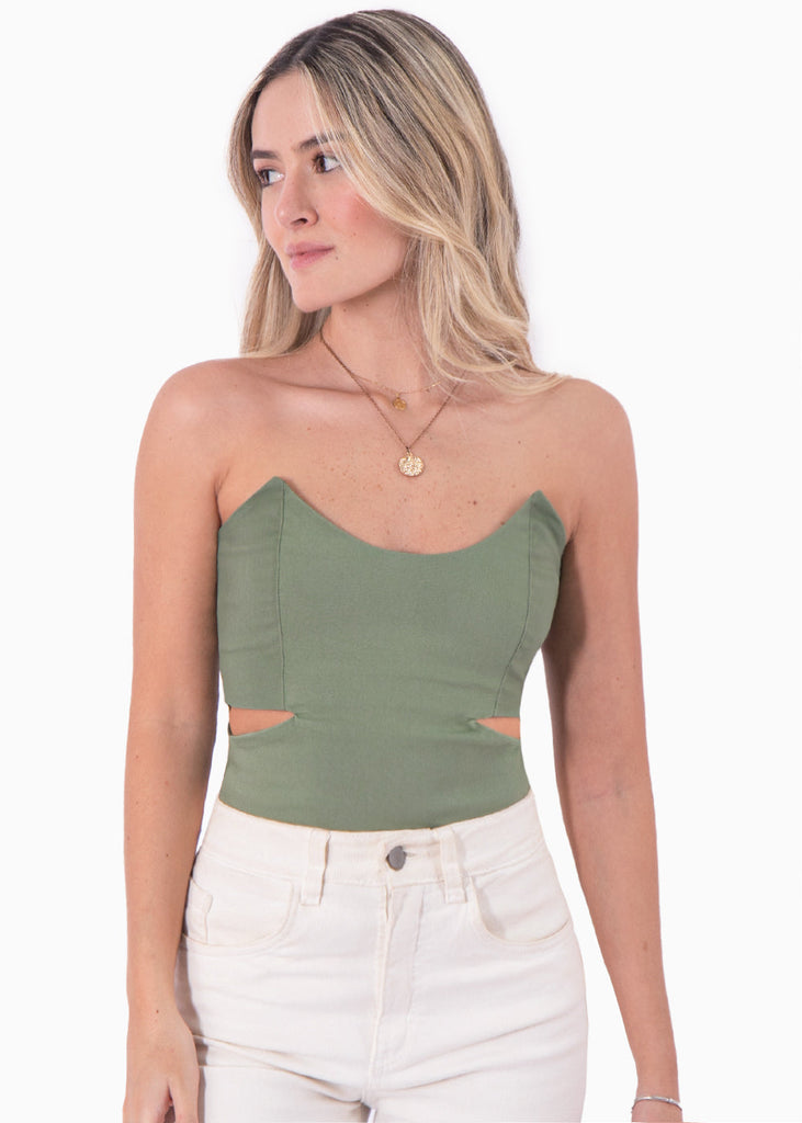Body strapless con puntas y aberturas cut out en costados color verde para mujer - Flashy