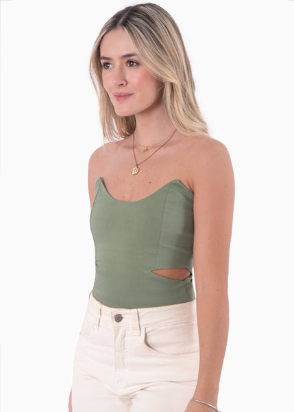 Body strapless con puntas y aberturas cut out en costados color verde para mujer - Flashy