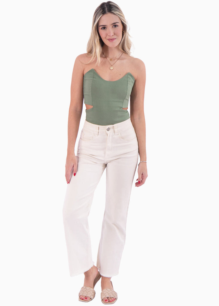 Body strapless con puntas y aberturas cut out en costados color verde para mujer - Flashy