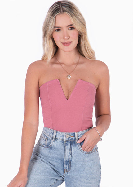 Body strapless tipo corset con escote en v color rosado para mujer - Flashy