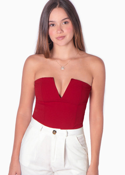 Body strapless tipo corset con escote en v color rojo para mujer - Flashy