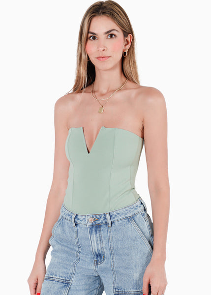 Body strapless tipo corset con escote en v color verde para mujer - Flashy