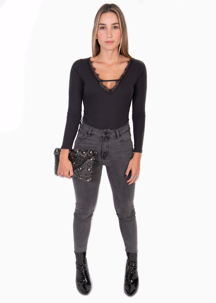 Body manga larga con encaje en escote para mujer - Flashy