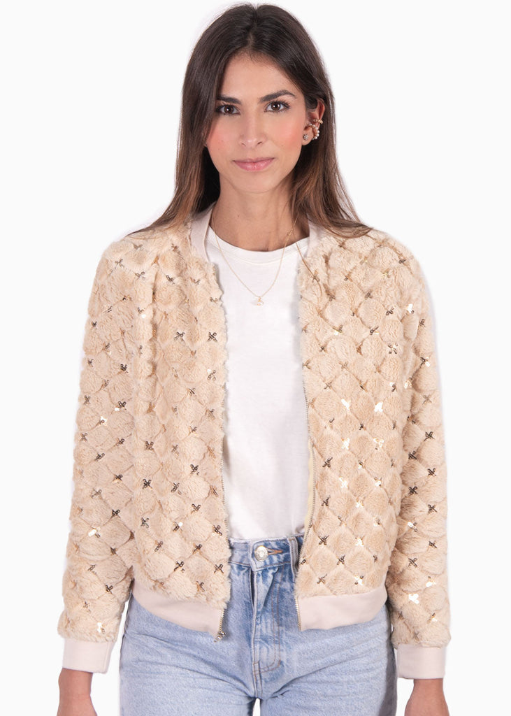 Chaqueta bomber con piel sintética y lentejuelas color beige para mujer - Flashy