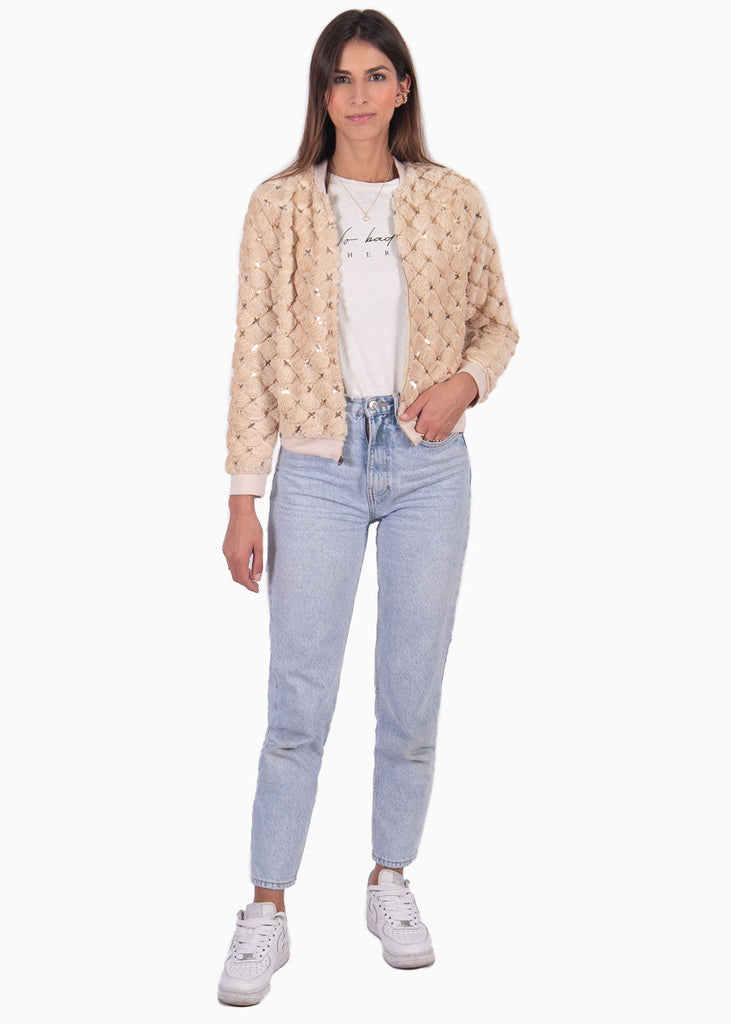Chaqueta bomber con piel sintética y lentejuelas color beige para mujer - Flashy