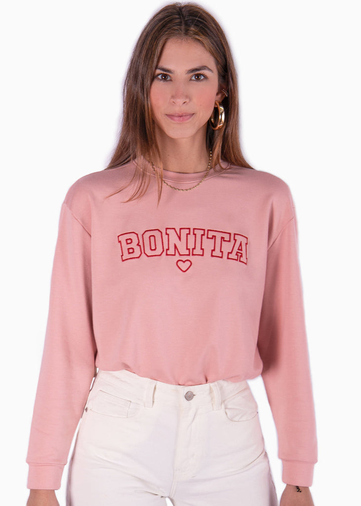 Buzo con bordado "Bonita" color rosado para mujer - Flashy