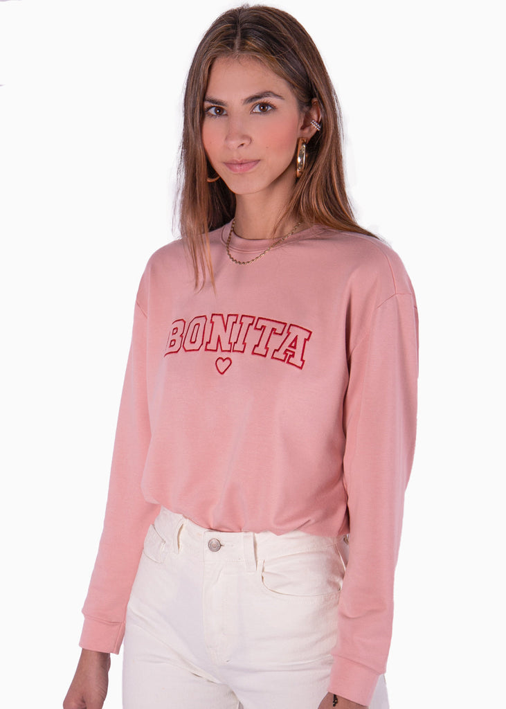 Buzo con bordado "Bonita" color rosado para mujer - Flashy