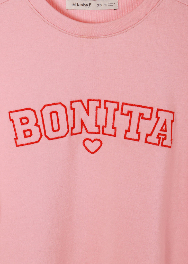 Buzo con bordado "Bonita" color rosado para mujer - Flashy