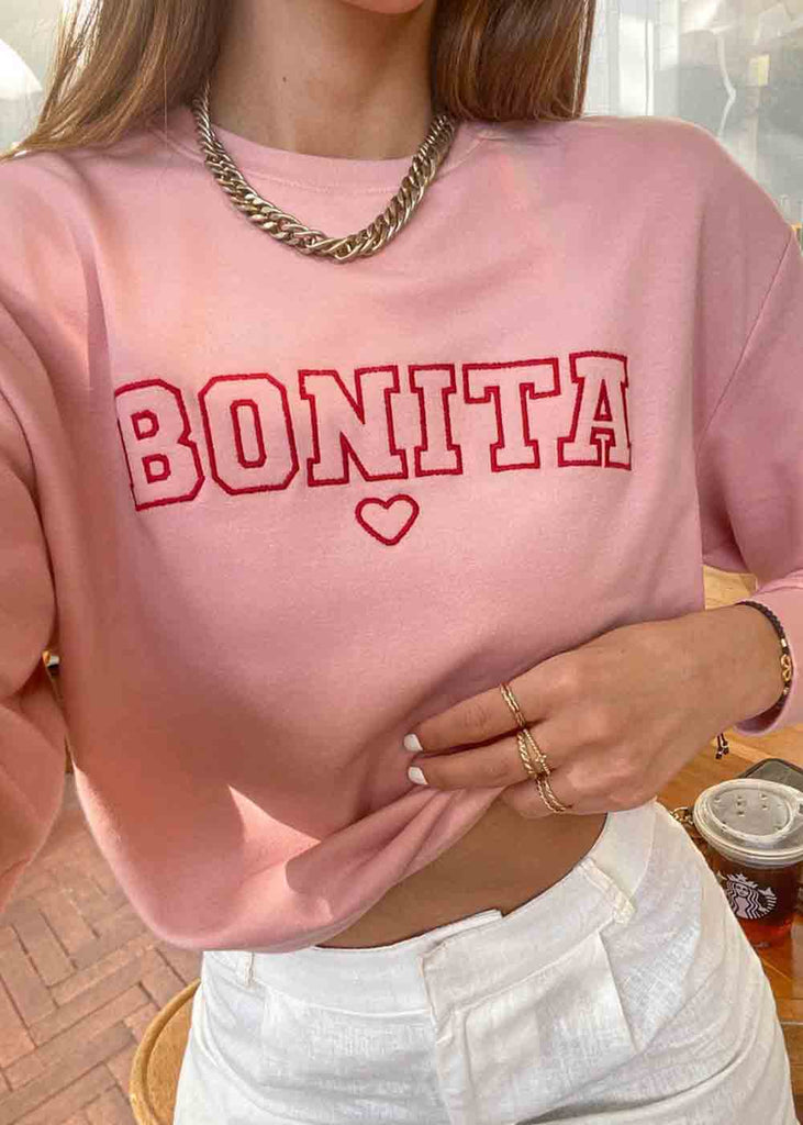 Buzo con bordado "Bonita" color rosado para mujer - Flashy