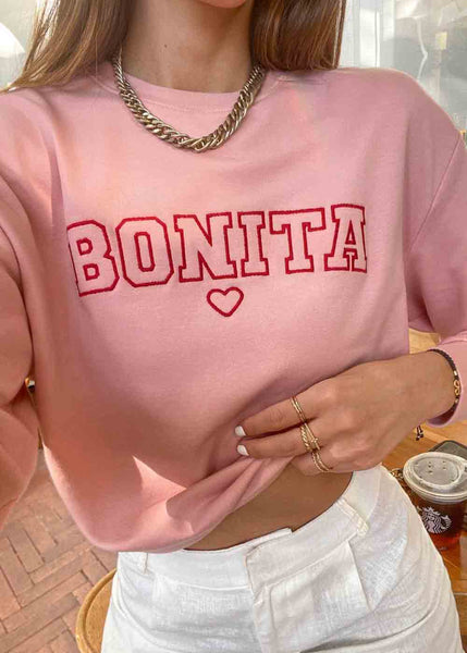Buzo con bordado "Bonita" color rosado para mujer - Flashy