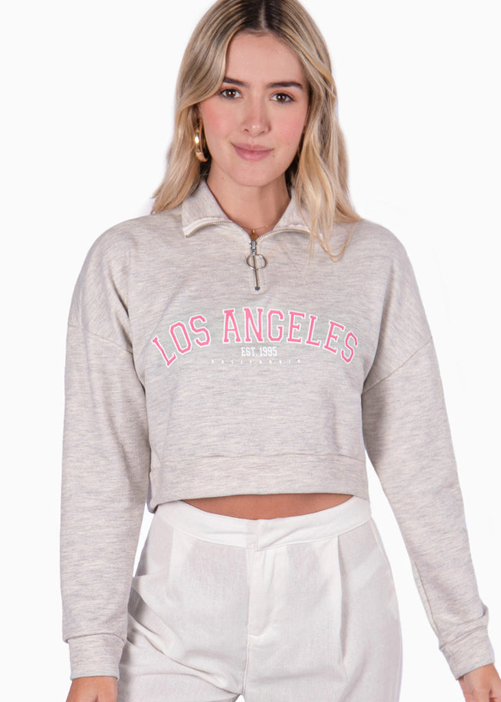 Buzo con cierre y estampado "Los Angeles" color gris para mujer - Flashy