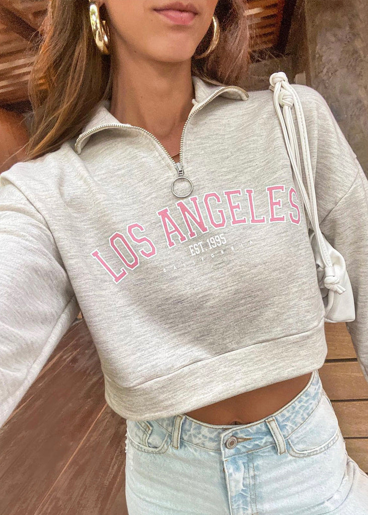 Buzo con cierre y estampado "Los Angeles" color gris para mujer - Flashy