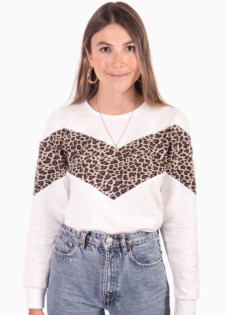 Buzo con corte y estampado de animal print color blanco, marfil para mujer - Flashy