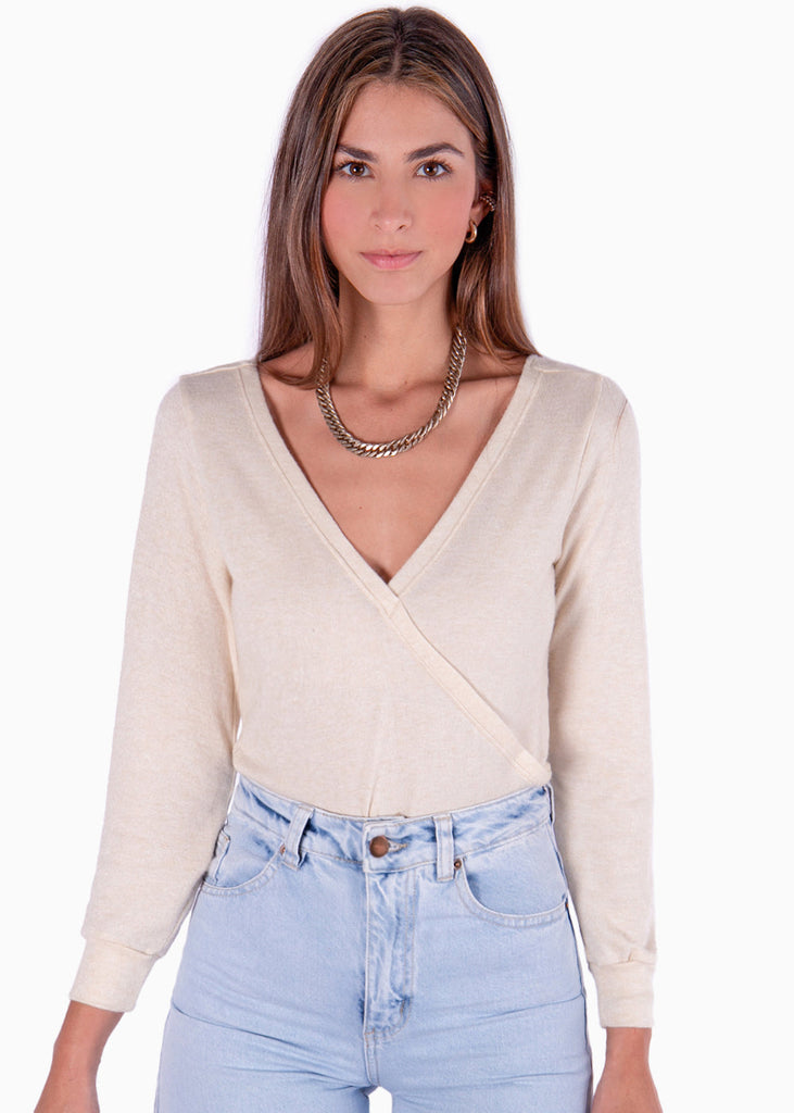 Buzo con escote cruzado y espalda descubierta color beige para mujer - Flashy
