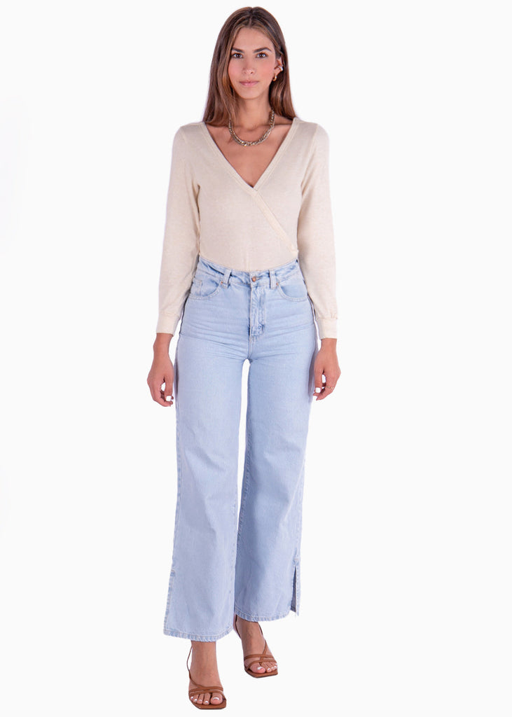 Buzo con escote cruzado y espalda descubierta color beige para mujer - Flashy