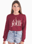 Buzo con estampado "Clair de jour" y perlas en mangas color vino para mujer - Flashy