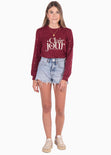 Buzo con estampado "Clair de jour" y perlas en mangas color vino para mujer - Flashy
