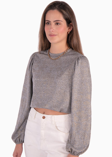 Buzo con mangas embombadas y tela metalizada color gris para mujer - Flashy