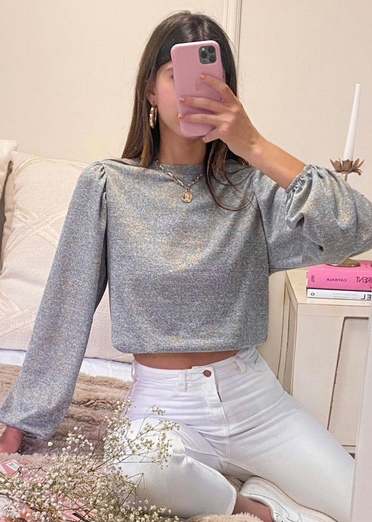 Buzo con mangas embombadas y tela metalizada color gris para mujer - Flashy